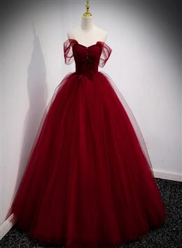 Picture of Lovely Wine Red Color Princess Tulle Beaded Long Party Dresses, Dark Red Color Formal Gown